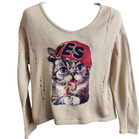 Y2K-Whimsical Yes Cat Lollipop V-Neck Sweater-Shred Knit-Beige-OS-Grunge-Novelty - Picture 7 of 12